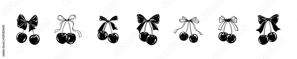 Hand drawn linocut cherries with cute ribbon bows collection. Coquette doodle drawing in dolce vita style. Minimalist art aesthetic girly vector illustration. Ballet core whimsical design element. Hand drawn linocut cherries with cute ribbon bows collection. Coquette doodle drawing in dolce vita style. Minimalist art aesthetic girly vector illustration. Ballet core whimsical design element.