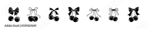 Hand drawn linocut cherries with cute ribbon bows collection. Coquette doodle drawing in dolce vita style. Minimalist art aesthetic girly vector illustration. Ballet core whimsical design element.