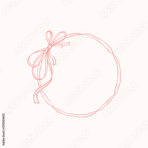 Circle bow ribbon frames. Coquette aesthetic style. Hand drawn cute line doodle romantic vector illustration. Whimsical wavy border. Minimalist art drawing