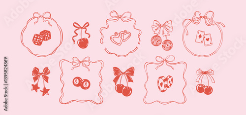 Set of girly coquette flirtatious elements for valentines day, wedding, bachelorette party, birthday, casino, gambling designs. Feminine pink background. Bow ribbon cherries and whimsical frames