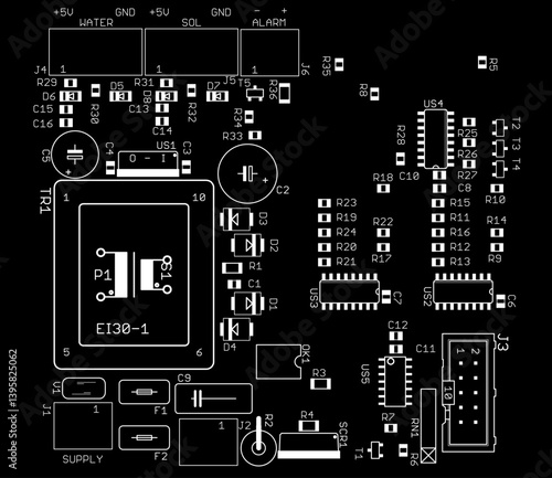 Placement of components of radio elements (contact
pads and seats) on printed circuit
board of electronic device.
Vector engineering 
drawing of pcb. Electric background. 
Computer technic cad design.