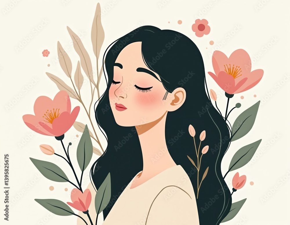 Minimalist art portrait woman with flowers leaves. Serene design with pastel colors. Calmness and beauty, delicate femininity. Floral spring concept for design projects. Minimalist art portrait woman with flowers leaves. Serene design with pastel colors. Calmness and beauty, delicate femininity. Floral spring concept for design projects.