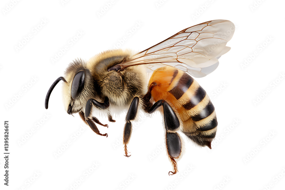 A Detailed Close-Up Photograph of a Honeybee in Flight isolated on transparent background , cutout A Detailed Close-Up Photograph of a Honeybee in Flight isolated on transparent background , cutout