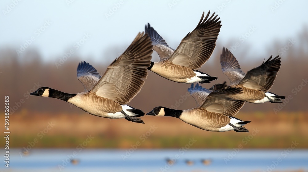 Graceful geese navigate the sky in perfect formation, highlighting their wings and feathers against a vibrant blue backdrop