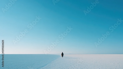 lone traveler gazes at vastness of empty white sandy beach horizon stretching infinitely