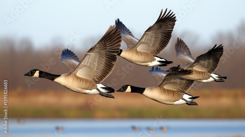Obraz na płótnie Graceful geese navigate the sky in perfect formation, highlighting their wings and feathers against a vibrant blue backdrop w salonie