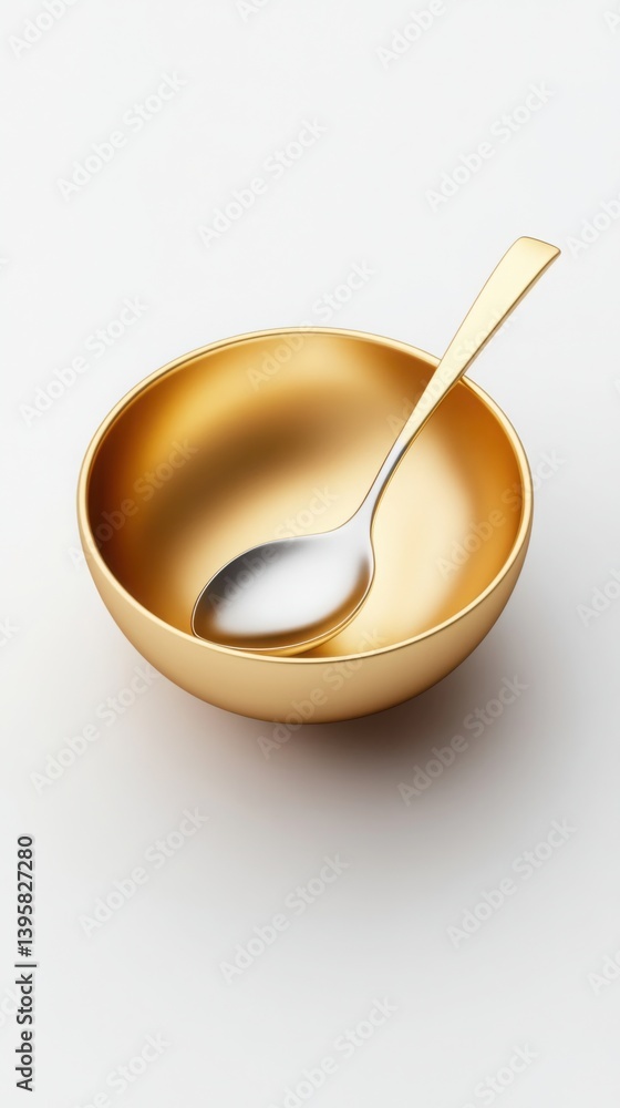 A minimalist 3D-rendered golden bowl with a smooth, reflective surface, paired with a sleek silver spoon, elegantly placed on a plain white background A minimalist 3D-rendered golden bowl with a smooth, reflective surface, paired with a sleek silver spoon, elegantly placed on a plain white background