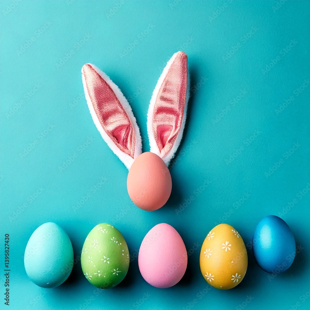 Decorative vertical Easter eggs in pastel shades and bunny ears arranged on a blue background. Decorative vertical Easter eggs in pastel shades and bunny ears arranged on a blue background.