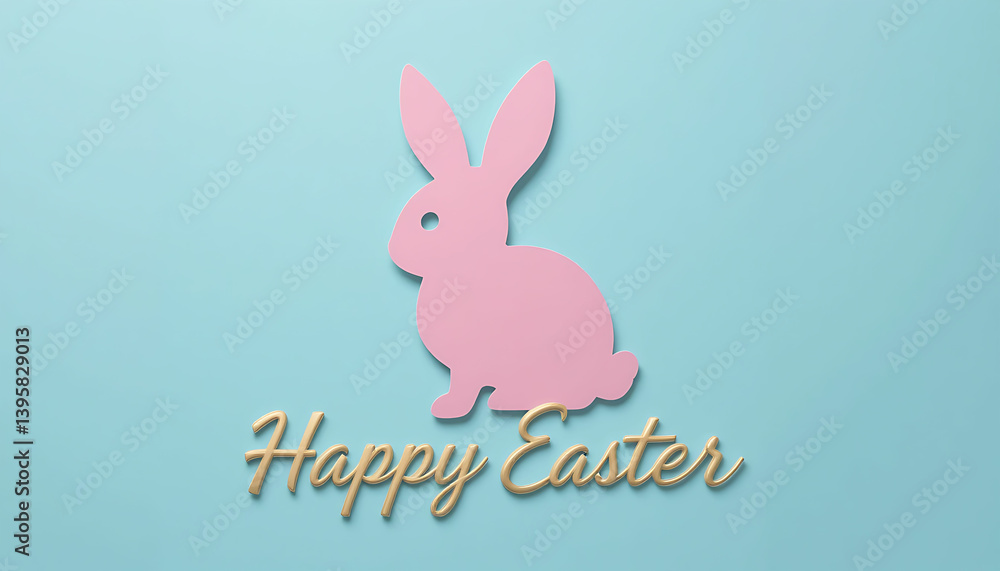 Pink bunny silhouette with happy easter text on a light blue background easter holiday concept Pink bunny silhouette with happy easter text on a light blue background easter holiday concept
