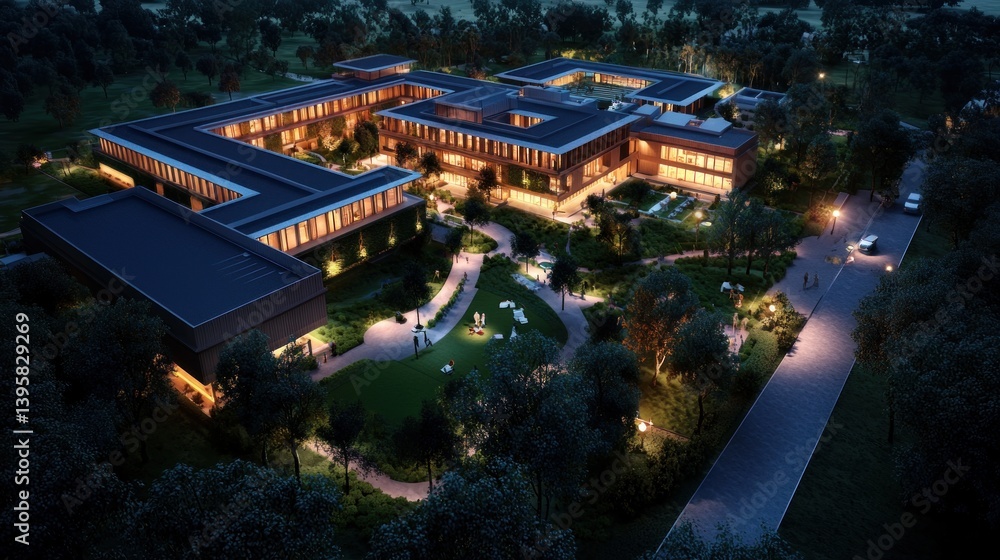 Fototapeta premium Night view of campus, landscaped grounds, pathways, potential hospital or university