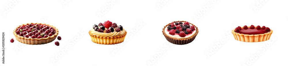 Variety of fruit tarts with raspberry and berry toppings displayed Variety of fruit tarts with raspberry and berry toppings displayed