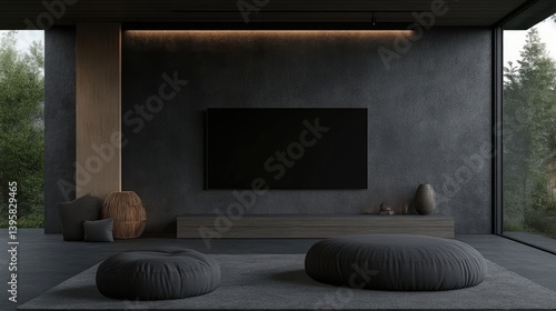 Modern minimalist living room with a neutral color scheme, featuring a large TV and comfortable seating areas, showcasing natural light and a tranquil ambiance