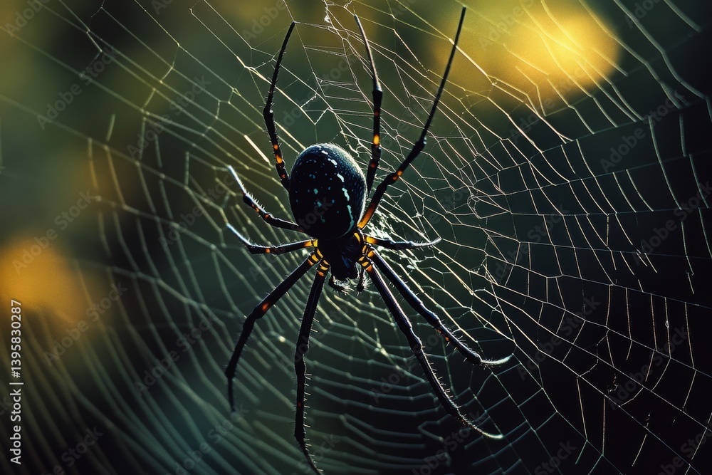Obraz premium A large spider sits on its intricate web, backlit by warm sunlight, creating an enchanting and mysterious scene.