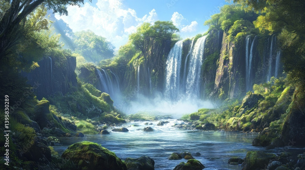 Fototapeta premium A river flowing over moss covered rocks with a beautiful waterfall flowing down a high cliff with a blue sky background wallpaper AI generated image