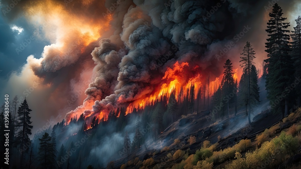 Fototapeta premium A massive wildfire engulfs a dense forest on a mountainside