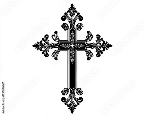 Ornate black cross with floral detailing.  Elegant religious symbol