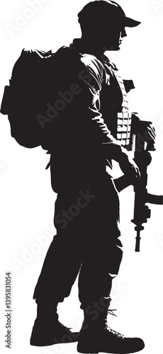 Soldier Silhouette With Rifle And Backpack Standing
