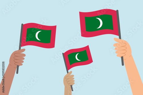 Diverse people hands raising flags of Maldives. Vector illustration of Maldive islands flags in flat style on blue background.