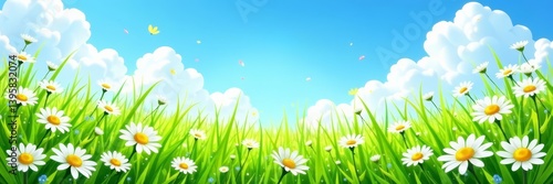 Lush meadow covered in daisies with vibrant blue sky, tranquil, blooming, peaceful
