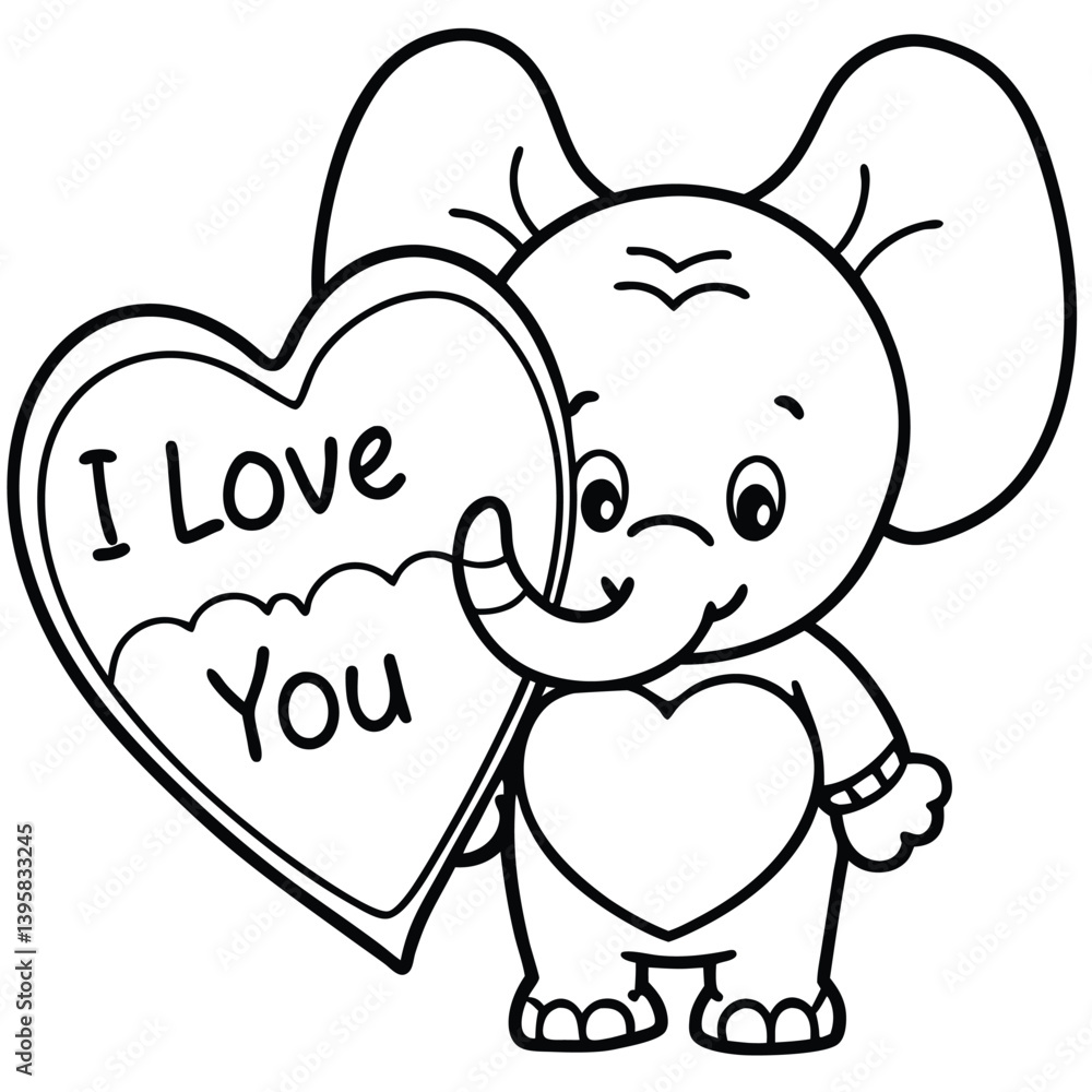 Cute cartoon baby elephant with a pink heart for a sweet Valentine's Day greeting coloring page Cute cartoon baby elephant with a pink heart for a sweet Valentine's Day greeting coloring page