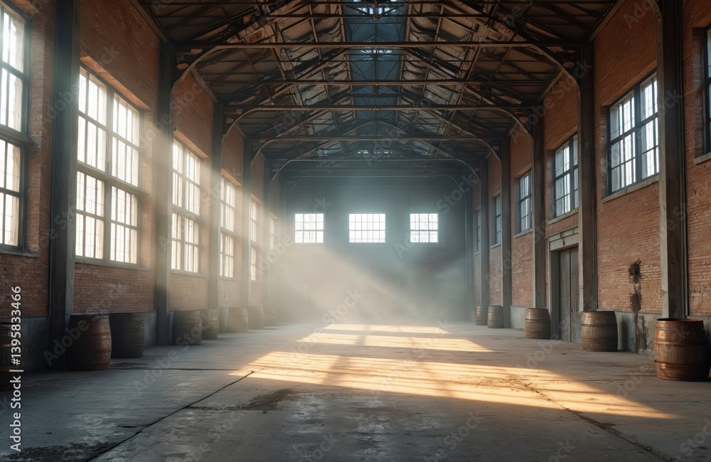 Fototapeta premium Inside old building with sunbeams streaming through windows. Brick walls, wooden barrels, industrial interior. Empty hall, warehouse, grunge style. Dramatic light, shadow effects create moody