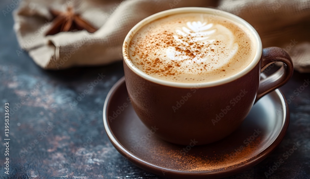 Cup of cappuccino with foam and cinnamon on a saucer with cloth. Cup of cappuccino with foam and cinnamon on a saucer with cloth.