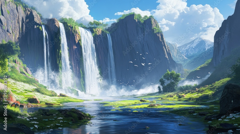 Fototapeta premium A river flowing over moss covered rocks with a beautiful waterfall flowing down a high cliff with a blue sky background wallpaper AI generated image