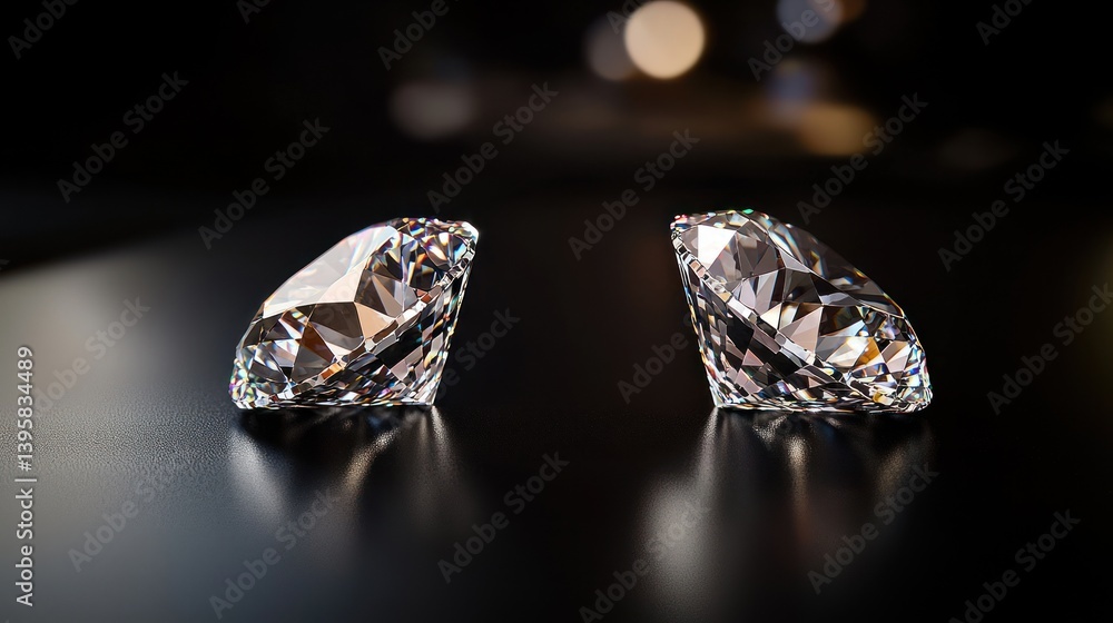 Two brilliant diamonds on dark surface, bokeh background. Jewelry, luxury, wealth concept Two brilliant diamonds on dark surface, bokeh background. Jewelry, luxury, wealth concept