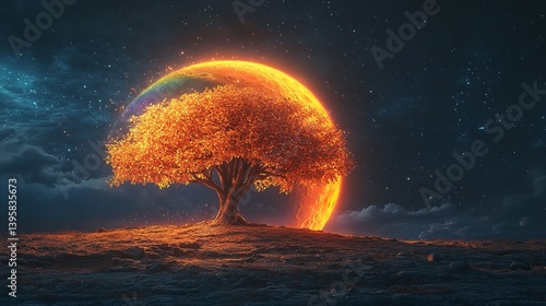 majestic tree with sprawling branches and radiant sun shining through its leaves creates serene and uplifting atmosphere.
