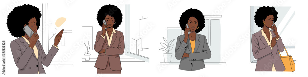 Black businesswoman using phone by window in a modern office in minimalist flat vector design style Black businesswoman using phone by window in a modern office in minimalist flat vector design style