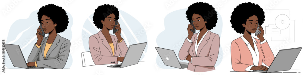 Black businesswoman in various poses using a laptop and phone in minimalist flat vector design style Black businesswoman in various poses using a laptop and phone in minimalist flat vector design style