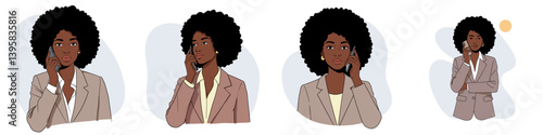 Black businesswoman thinking while talking on the phone in minimalist flat vector design style
