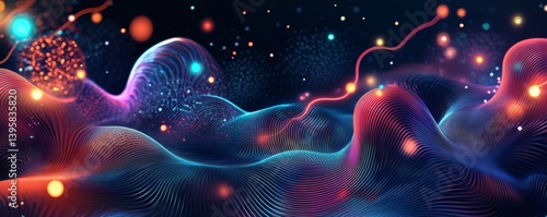Abstract digital landscape of glowing, undulating lines and particles.