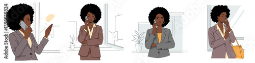 Black businesswoman using phone by window in a modern office in minimalist flat vector design style