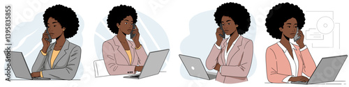 Black businesswoman in various poses using a laptop and phone in minimalist flat vector design style