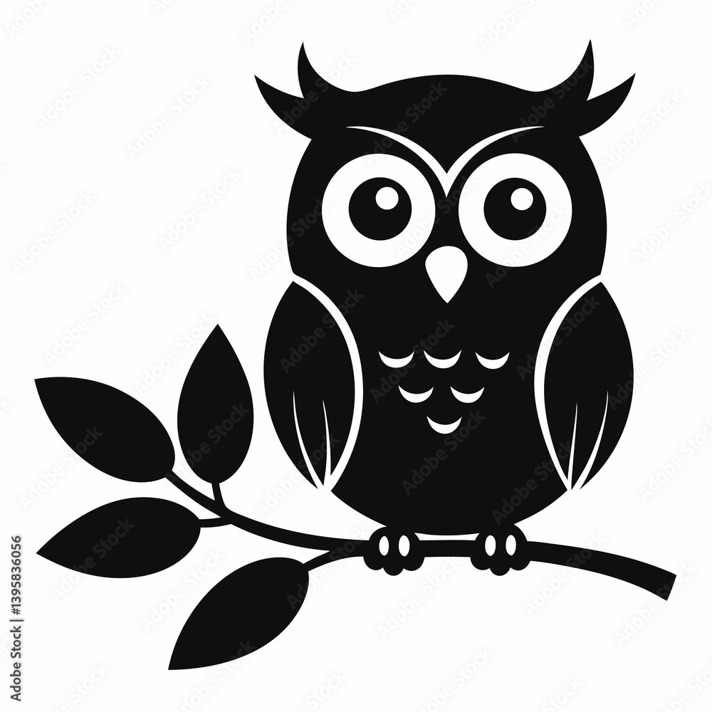 Fototapeta premium Black Silhouette Owl Perched on Branch with Leaves