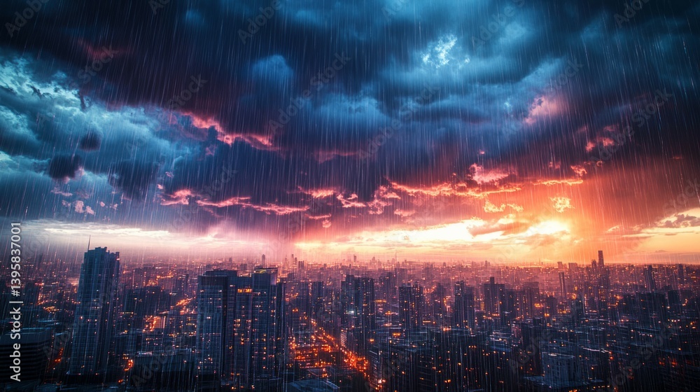 Fototapeta premium Close-up cinematic shot of a dark stormy sky, heavy rain clouds city landscape