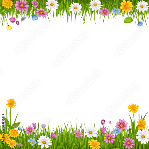 Grassy border with colorful spring flowers on Png Format and Transparent Background
