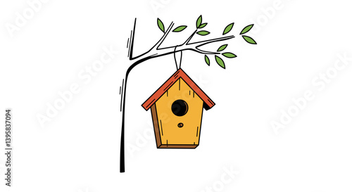 Birdhouse hanging from a tree branch in a simple style  