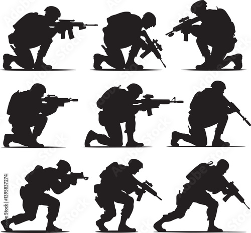 Silhouettes of Soldiers in Various Combat Positions with Rifles