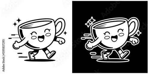 Cartoon Cup of Tea Character Mascot with Cute Face and Steam Swirls – Monochrome Vector Illustration for Tea Shop Branding, Relaxation-Themed Stickers, Cozy Lifestyle Designs, and Vintage Beverage Log