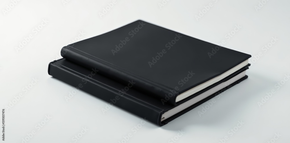 Pair of closed and open black notebooks, minimalistic design, isolated, open Pair of closed and open black notebooks, minimalistic design, isolated, open