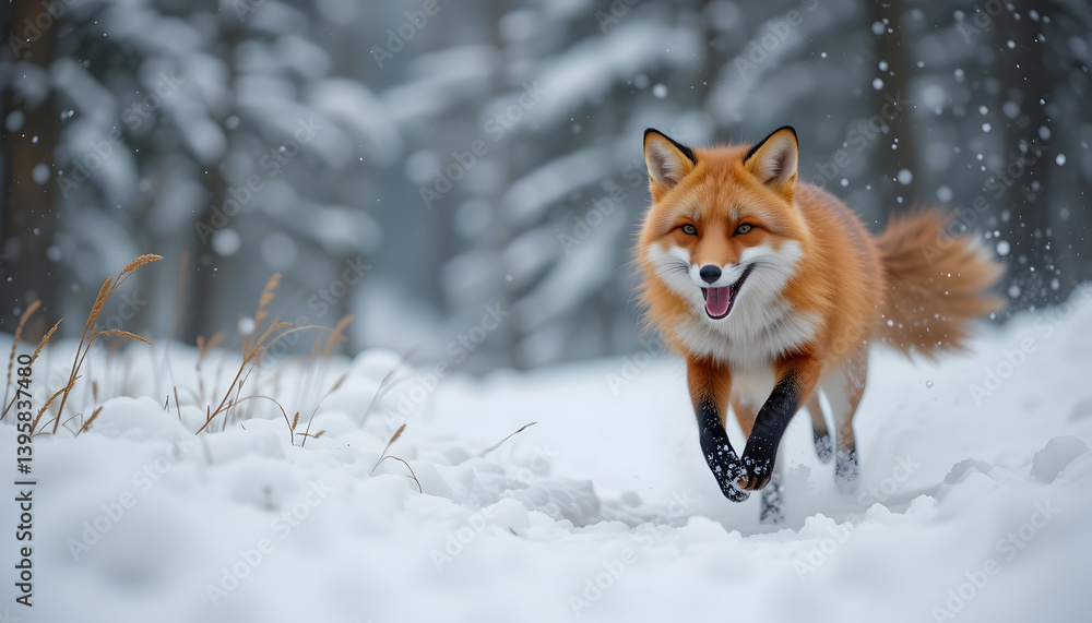 A red fox walking in fresh snow during winter in a forest with a focused look and cold weather setting, captured in natural light A red fox walking in fresh snow during winter in a forest with a focused look and cold weather setting, captured in natural light