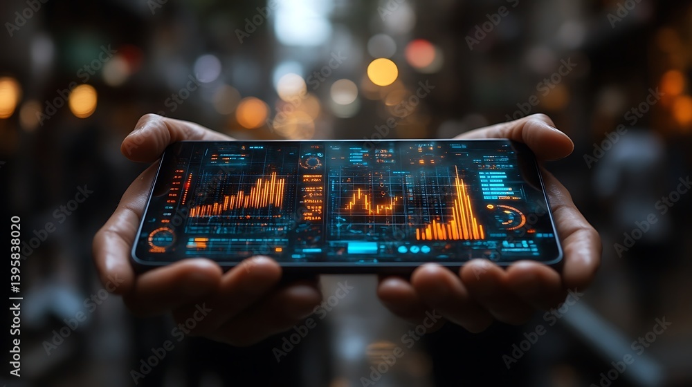Smartphone Displaying Advanced Data Analytics and Information Visualization Held in Hand Under Soft Ambient Lighting