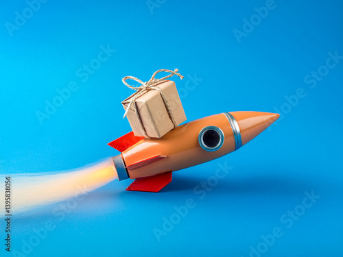 Eine kleine Rakete bringt ein Paket - symbolisch für Handel ohne Grenzen, Export und Import international - Generated Image