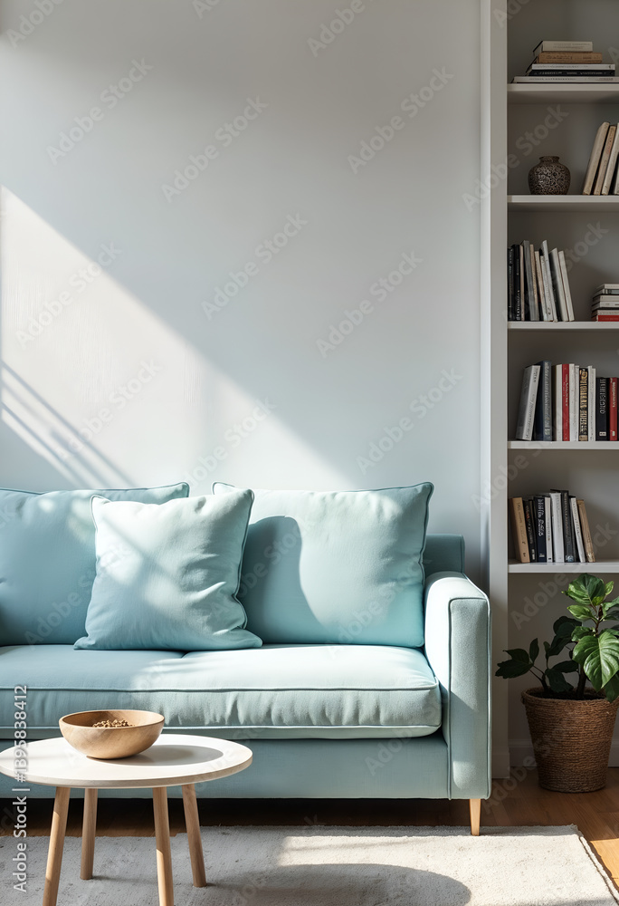 Light Blue Sofa in Modern Home Interior Mockup