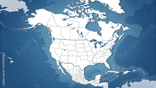 Blank outline map of North America with ocean background in blue tone for educational and design use