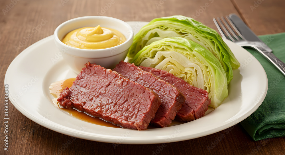 Hearty Plate Of Corned Beef And Cabbage Served With Mustard Sauce Hearty Plate Of Corned Beef And Cabbage Served With Mustard Sauce