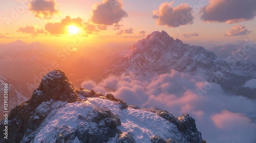Majestic Sunset over Snowy Mountain Peaks