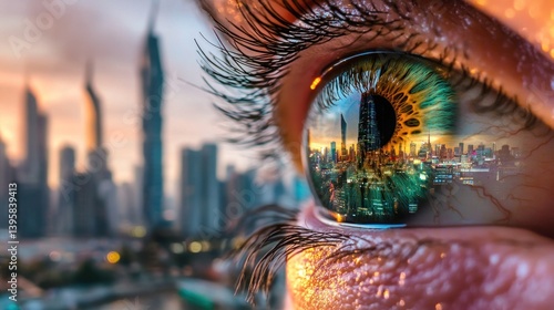 Cityscape reflected in eye, sunset view, future vision